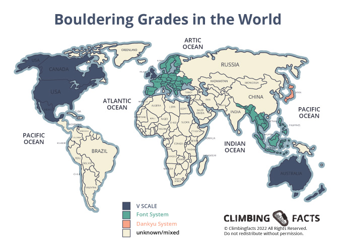 bouldering grades over the world visualized in a map
