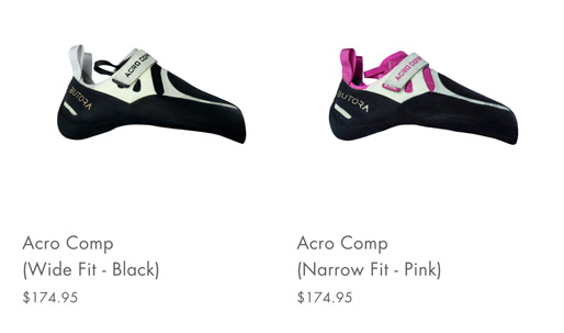 butora makes genderless climbing shoes and instead names them based on a wide or narrow fit
