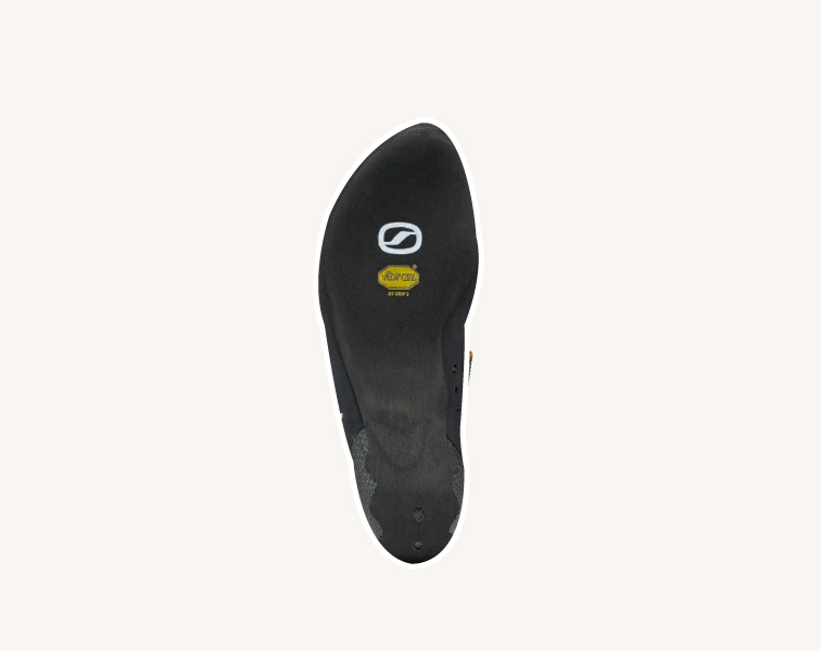 The outsole, or simply called sole, is the visible rubber part at the bottom of your climbing shoes.