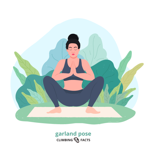 garland pose is a yoga pose for climbers to increase their flexibility and help with breathing and stress relief