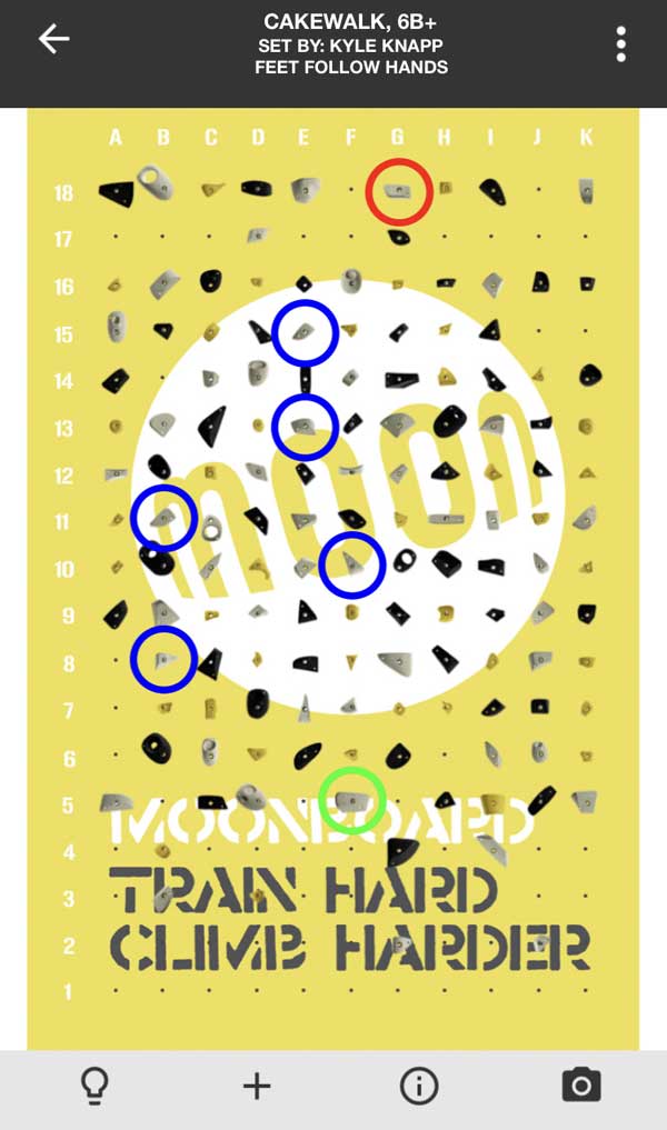 how does the moonboard work? the start hold is indicated with a green light, the finish hold with a red light and the usable holds with blue lights